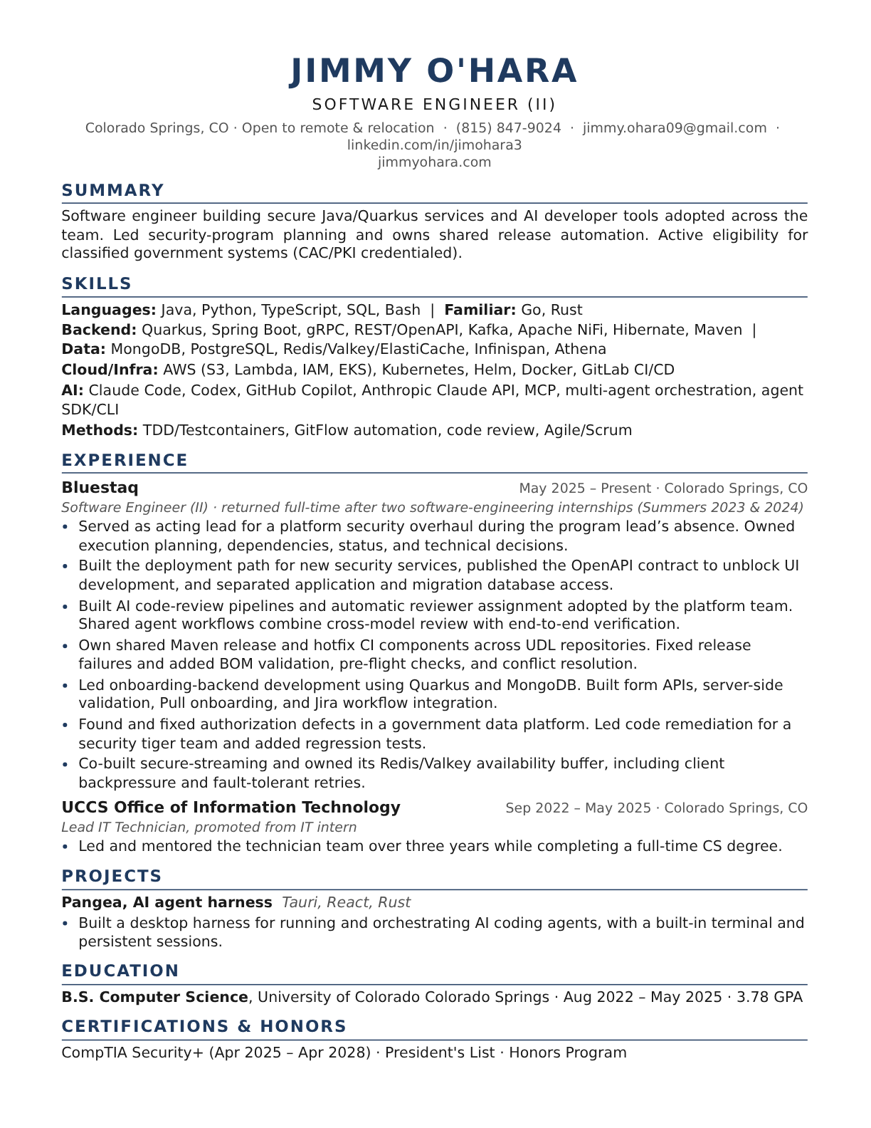 One-page preview of Jimmy O'Hara's resume